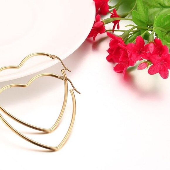 Gold Plated Heart Shape Hoop Earrings Stainless Steel Hypoallergenic Large Hoops - Picture 5 of 7